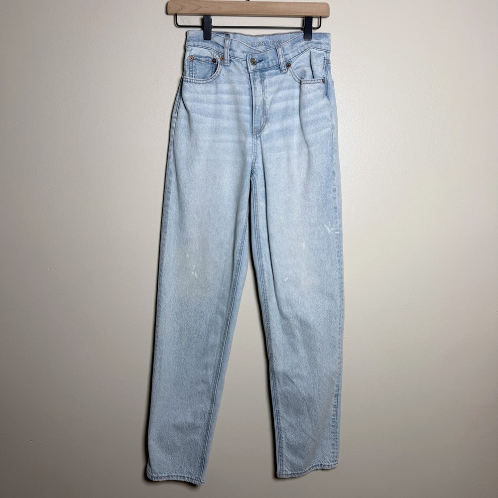 American Eagle Womens Cotton Baggy Straight Jeans 0 Light Blue Asym Waist